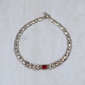 Vintage Silver Toned C-Link Statement Necklace with Red and Clear Rhinestones
